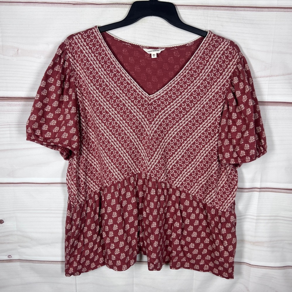 Lucky Brand Top Womens 3X Red Peplum V-Neck Floral Cotton Short Sleeve T-Shirt